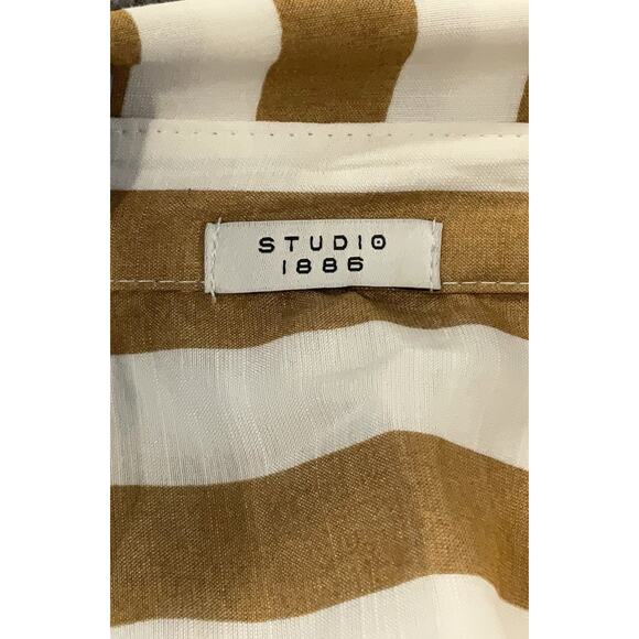 STUDIO 1886 Tan White Striped Collared Button Down Shirt L - Picture 3 of 5